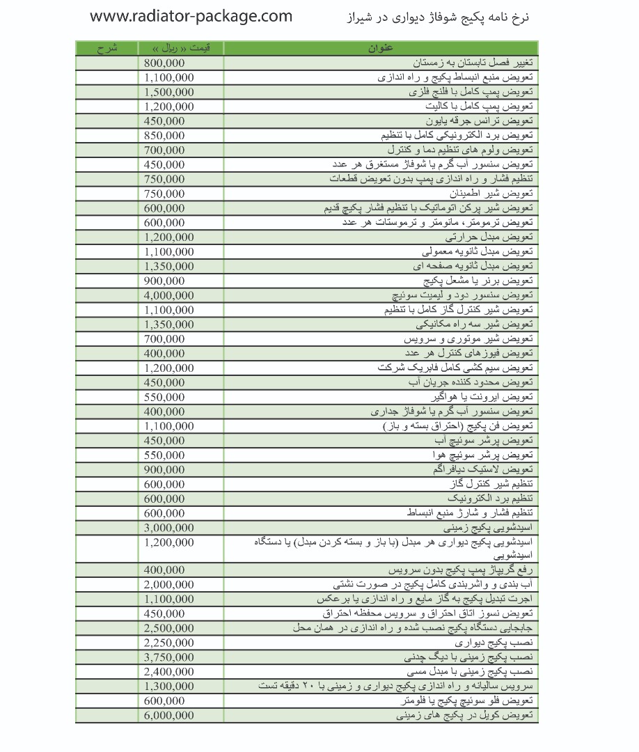 نرخ نامه پکیج شوفاژ در شیراز نرخ نامه پکیج شوفاژ در شیراز